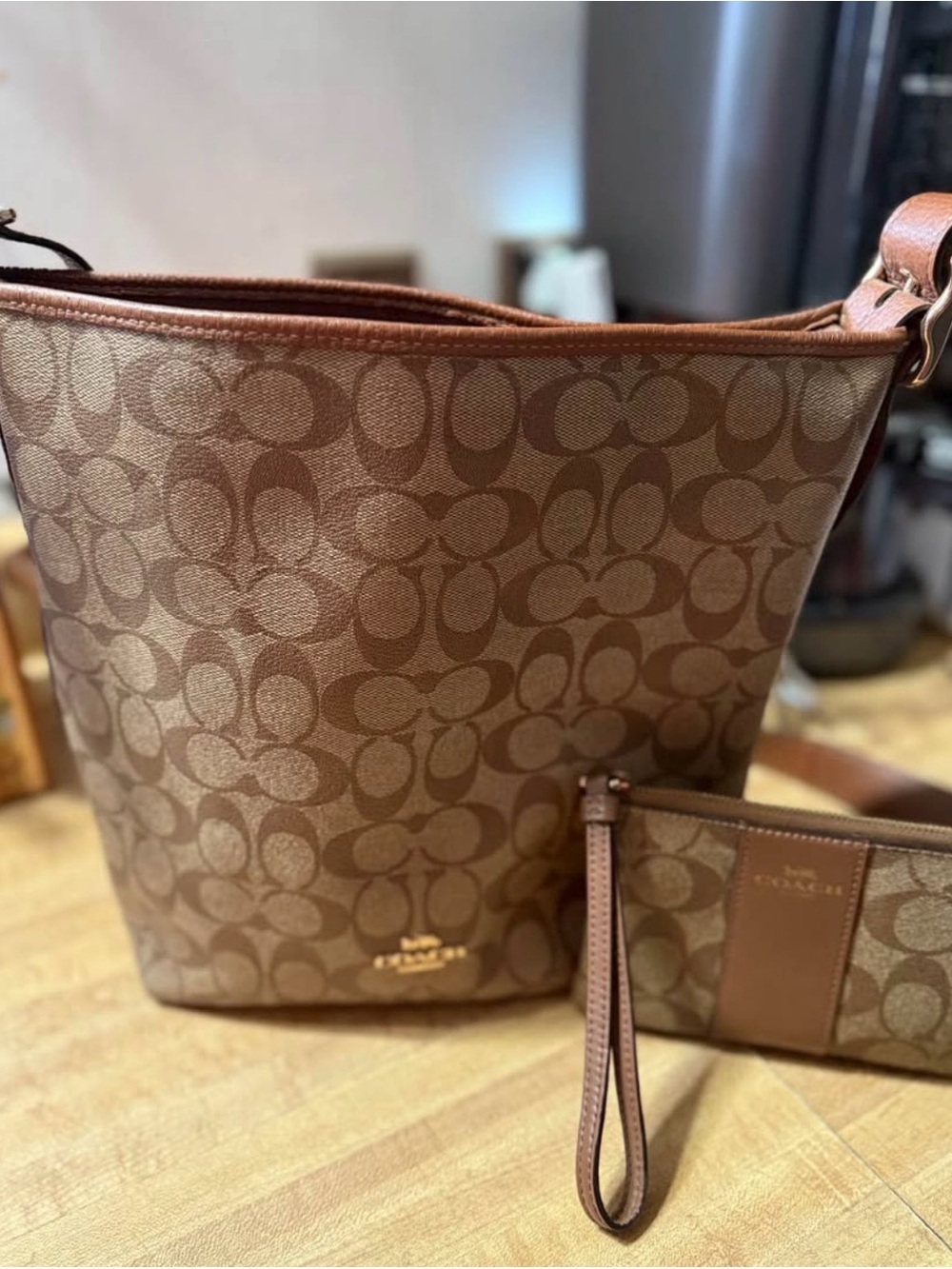 Coach Signature Canvas Bucket Bag and Wristlet in Brown